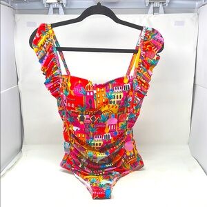 Sporlike Red Blue Ruffle One-Piece Vibrant Swimsuit Size Medium